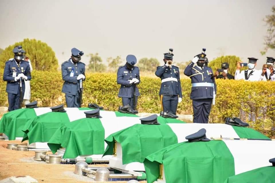 NAF LAYS TO REST REMAINS OF FLIGHT LIEUTENANT HARUNA GADZAMA, 6 OTHERS AT NATIONAL MILITARY CEMETERY ABUJA